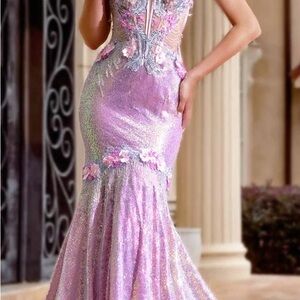 Portia and Scarlett pink Floral Gown style 24250 sequin gown